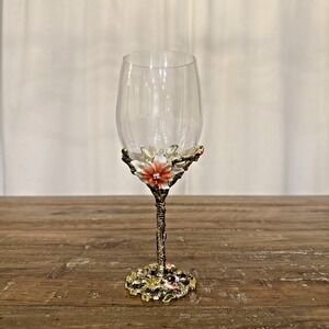 Handmade Painted Wine Glass Floral  Enamel Gold Tone Metal